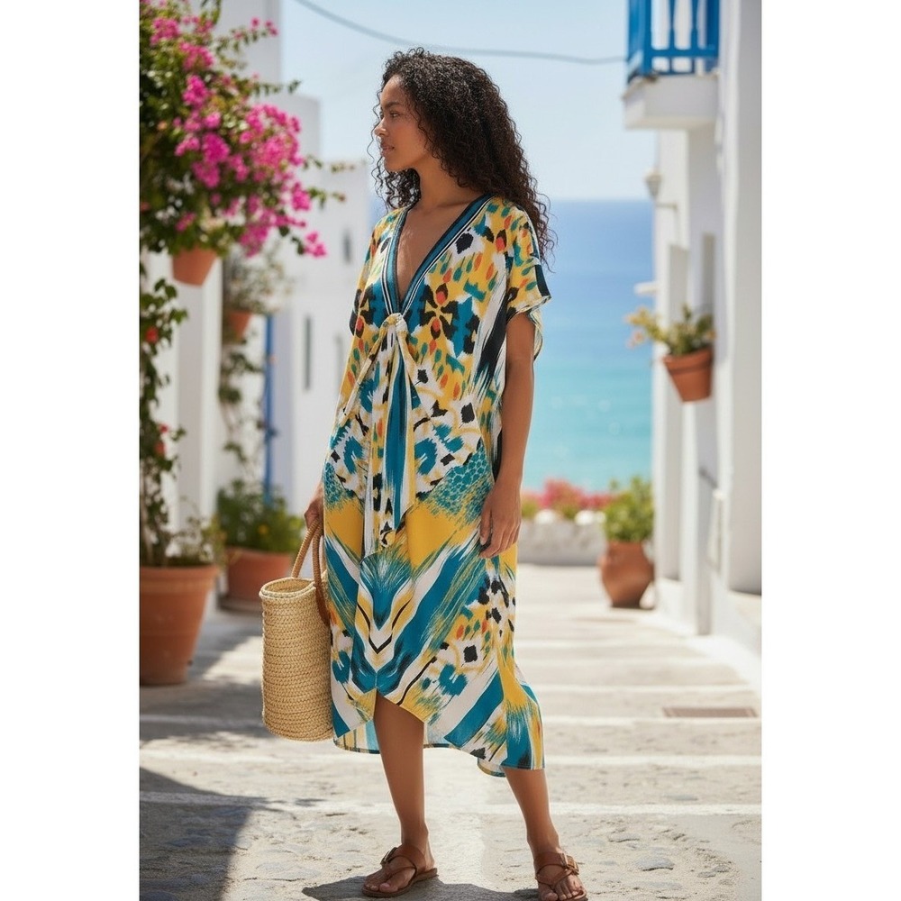 Tie Front Kaftan Dress Yellow Teal Abstract Print Tropical Vacation Resortwear M